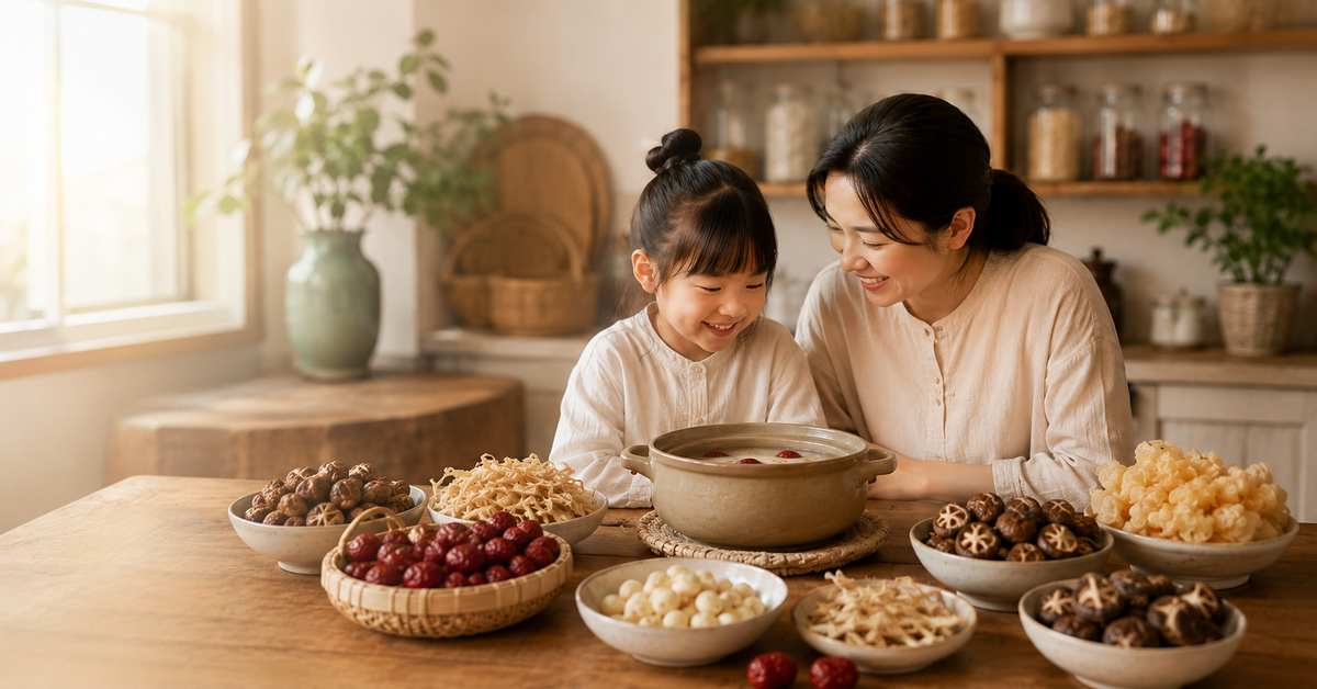 Mother and daughter preparing soup ingredients together
